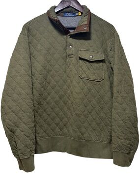 Polo Ralph Lauren Quilted Luxury Jersey Pullover Mens L Olive Green Snap Pony